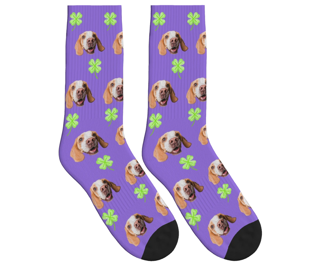 Clover & Dog Face Socks in Purple — personalized dog photo design