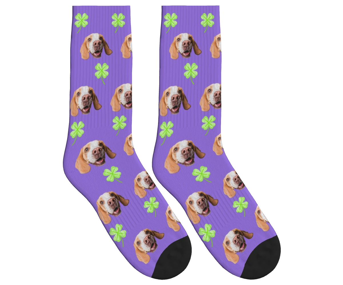 Clover & Dog Face Socks in Purple — personalized dog photo design