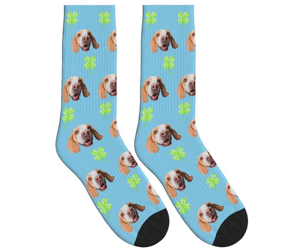 Clover & Dog Face Socks in Sky Blue — personalized dog photo design