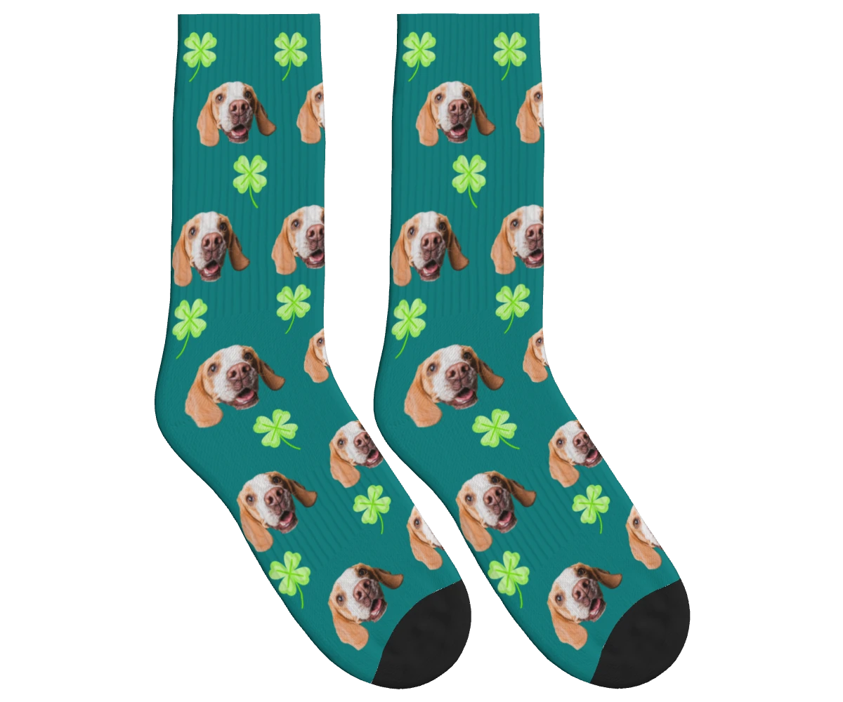 Clover & Dog Face Socks in Teal — personalized dog photo design