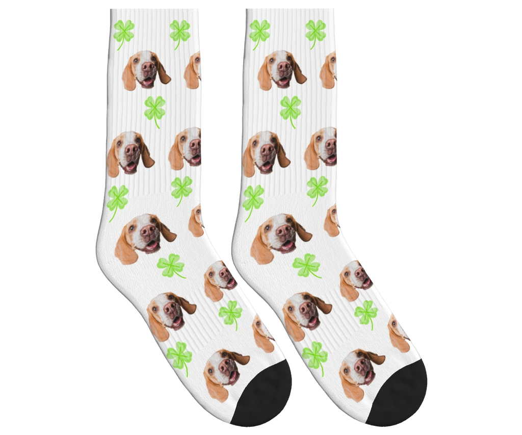Clover & Dog Face Socks in White — personalized dog photo design