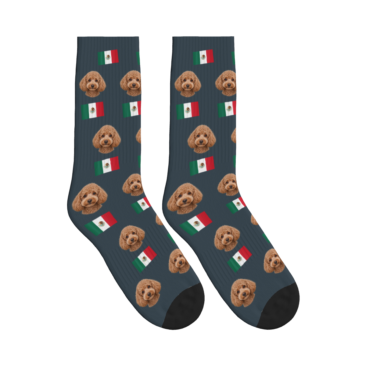 Mexico Flag Dog Face Socks in Charcoal Gray with a custom dog photo