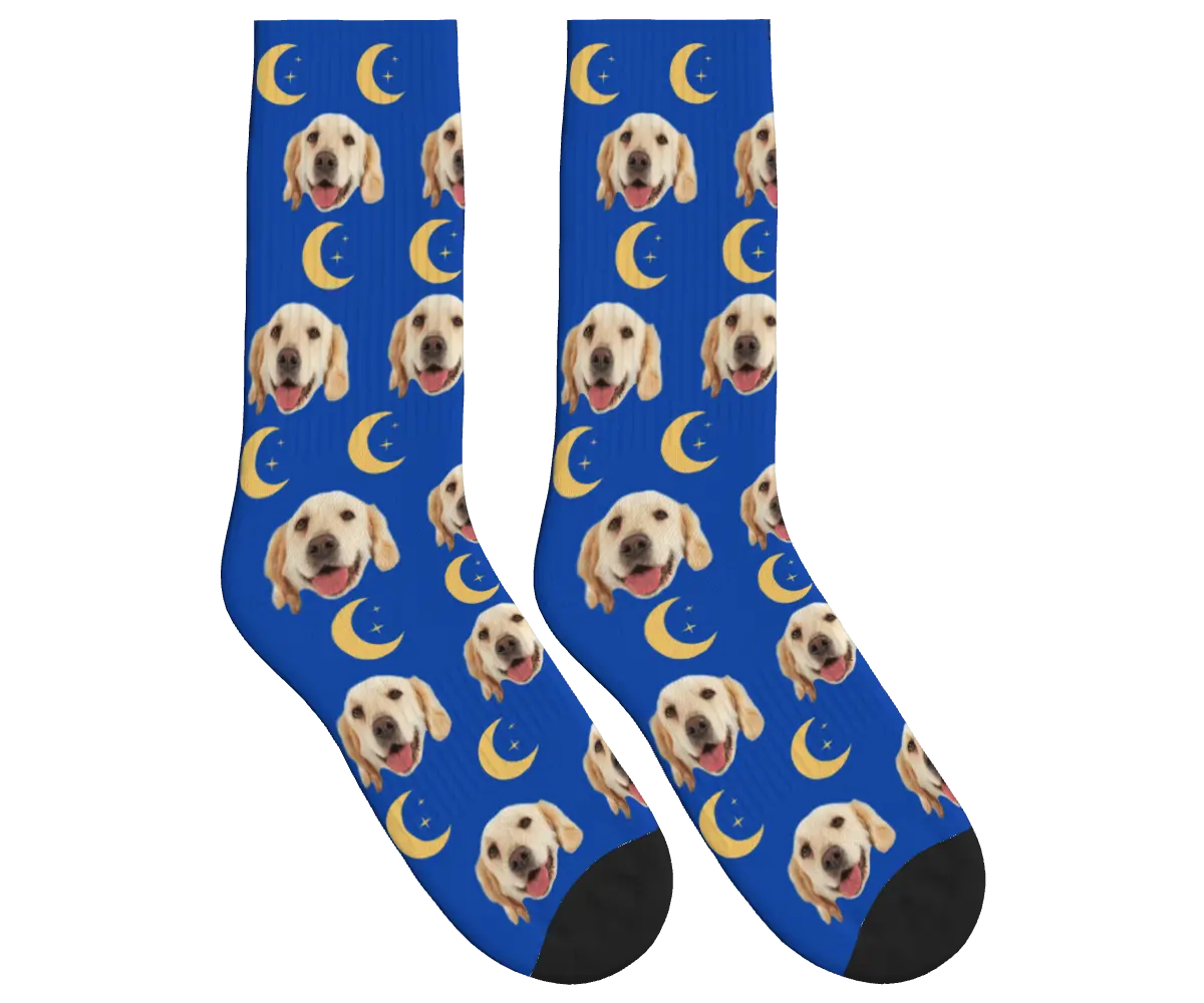 Moons & Pup Faces Socks - Cobalt Blue / Crew Socks