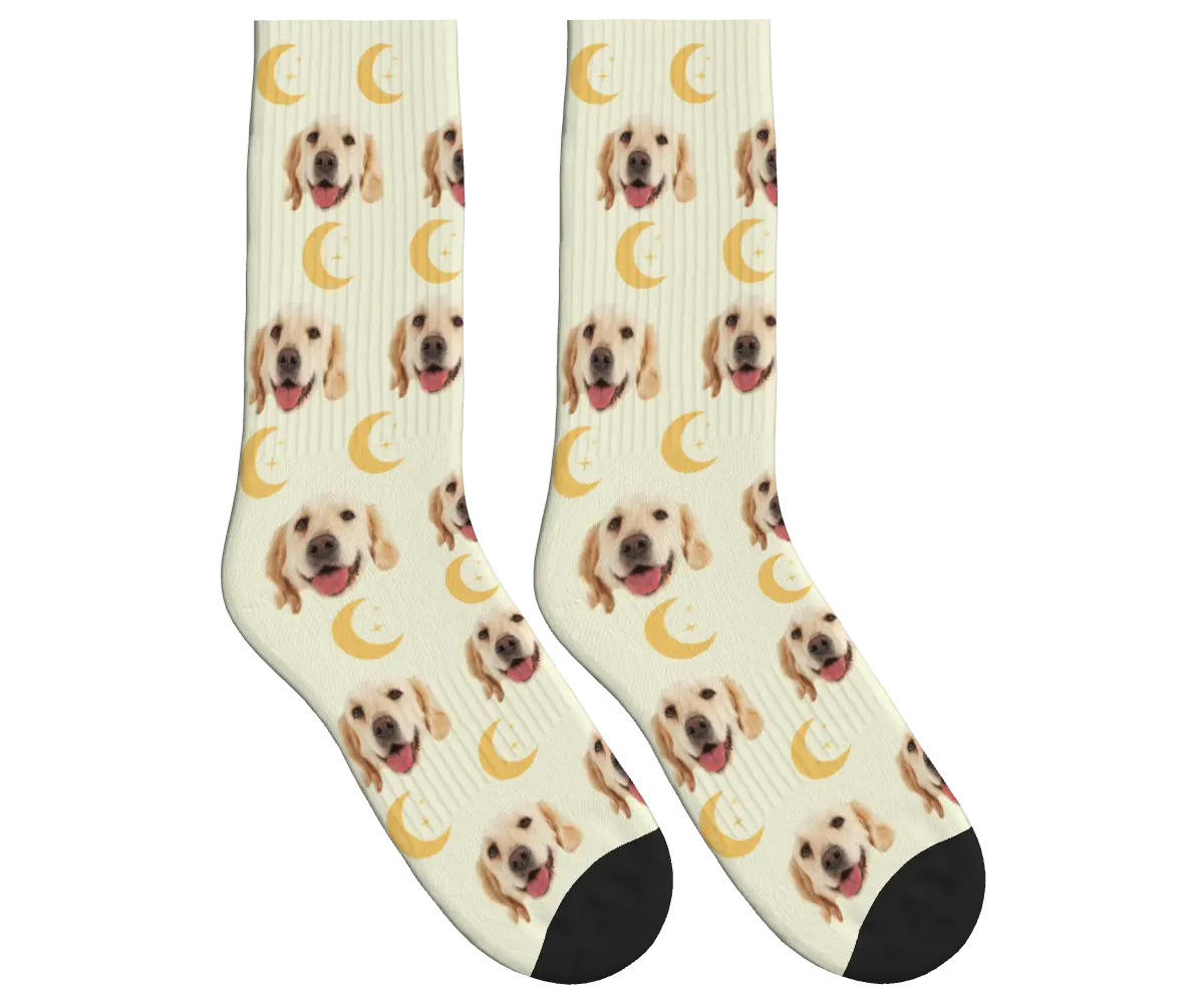 Moons & Pup Faces Socks - Beige / Crew Socks