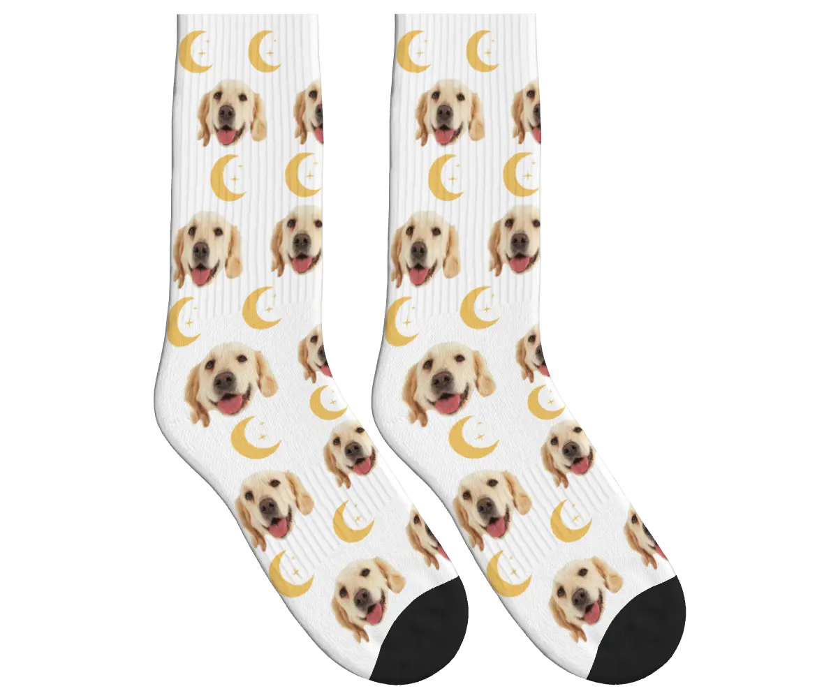 Moons & Pup Faces Socks - White / Crew Socks