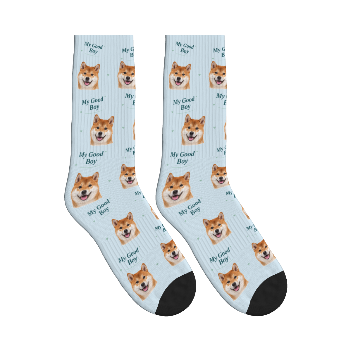 My Good Boy Dog Face Socks in Powder Blue with a custom dog photo