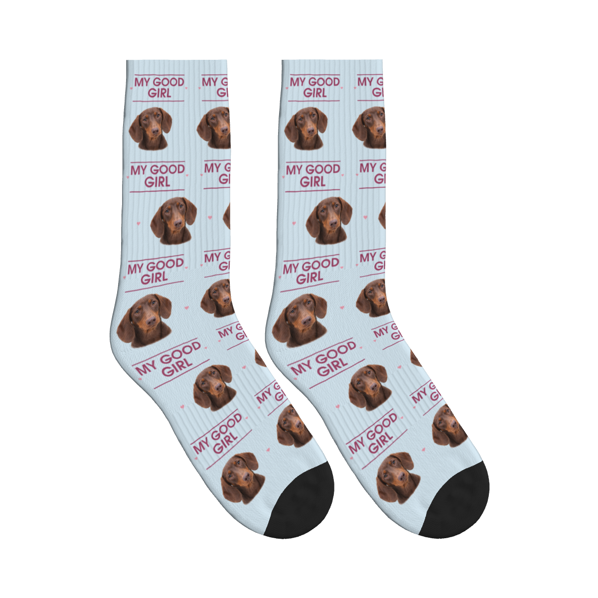 My Good Girl Dog Face Socks in Powder Blue with a custom dog photo