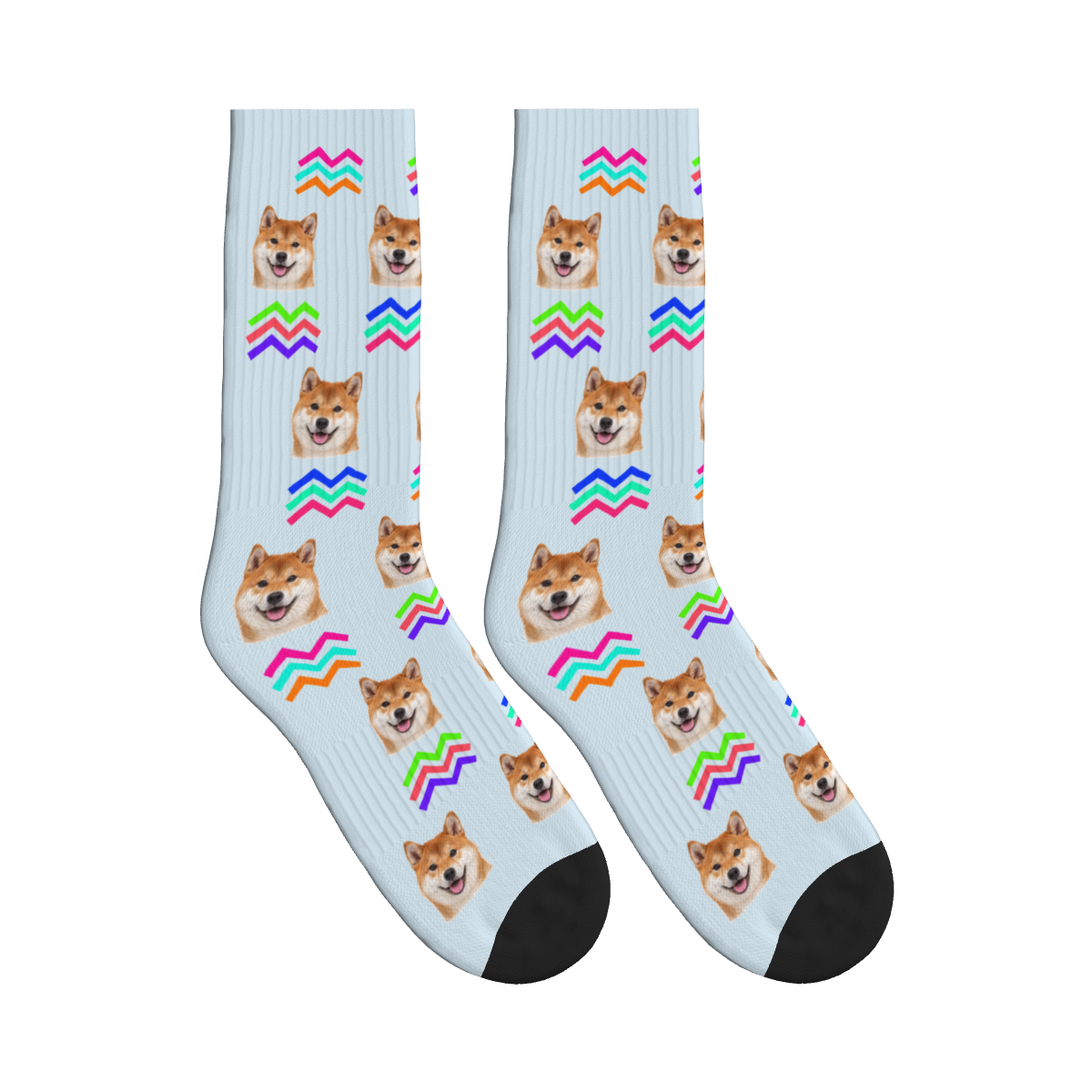 Neon Chevron Dog Face Socks in Powder Blue with a custom dog photo