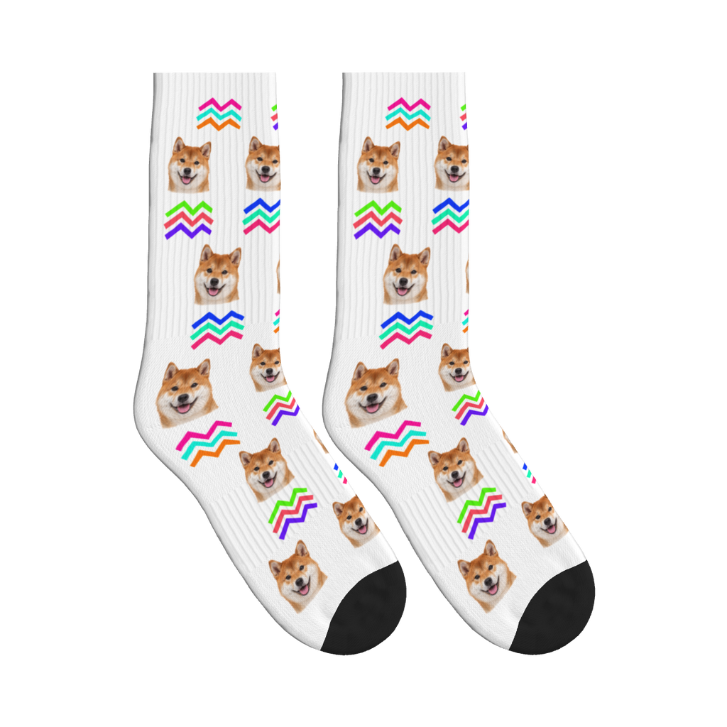 Neon Chevron Dog Face Socks in White with a custom dog photo