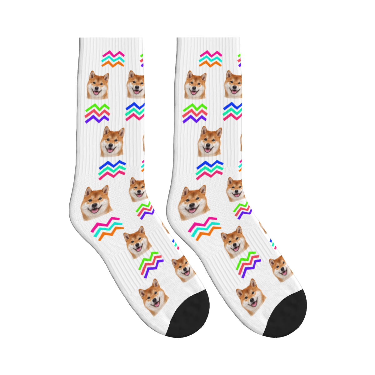 Neon Chevron Dog Face Socks in White with a custom dog photo