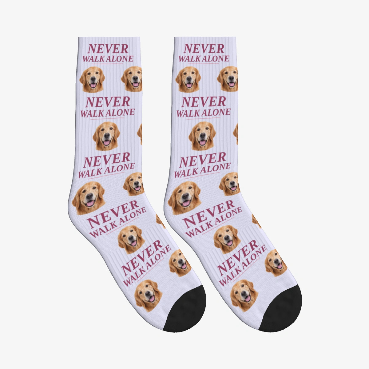 Never Walk Alone Dog Face Socks in Lavender with a custom dog photo