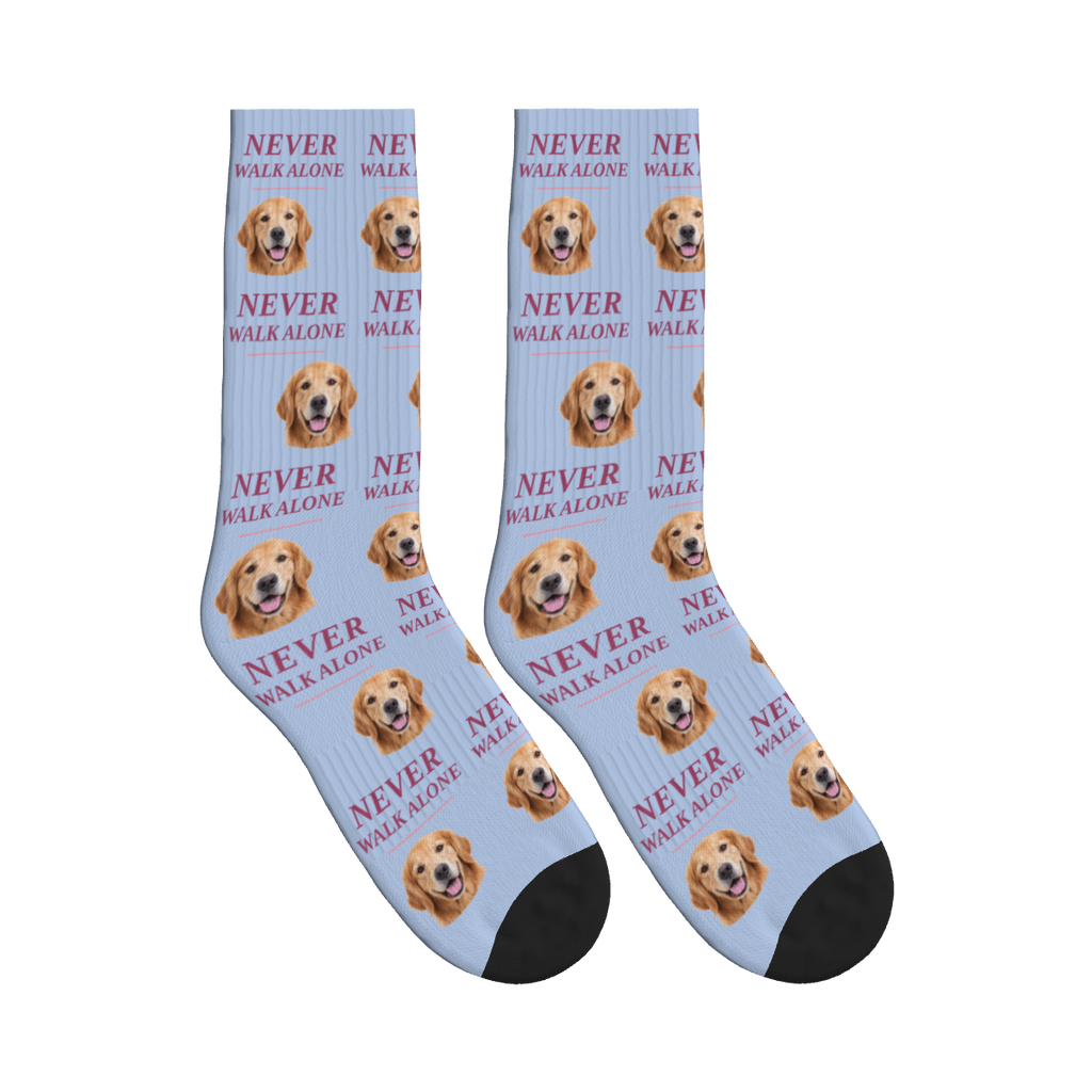 Never Walk Alone Dog Face Socks in Periwinkle with a custom dog photo