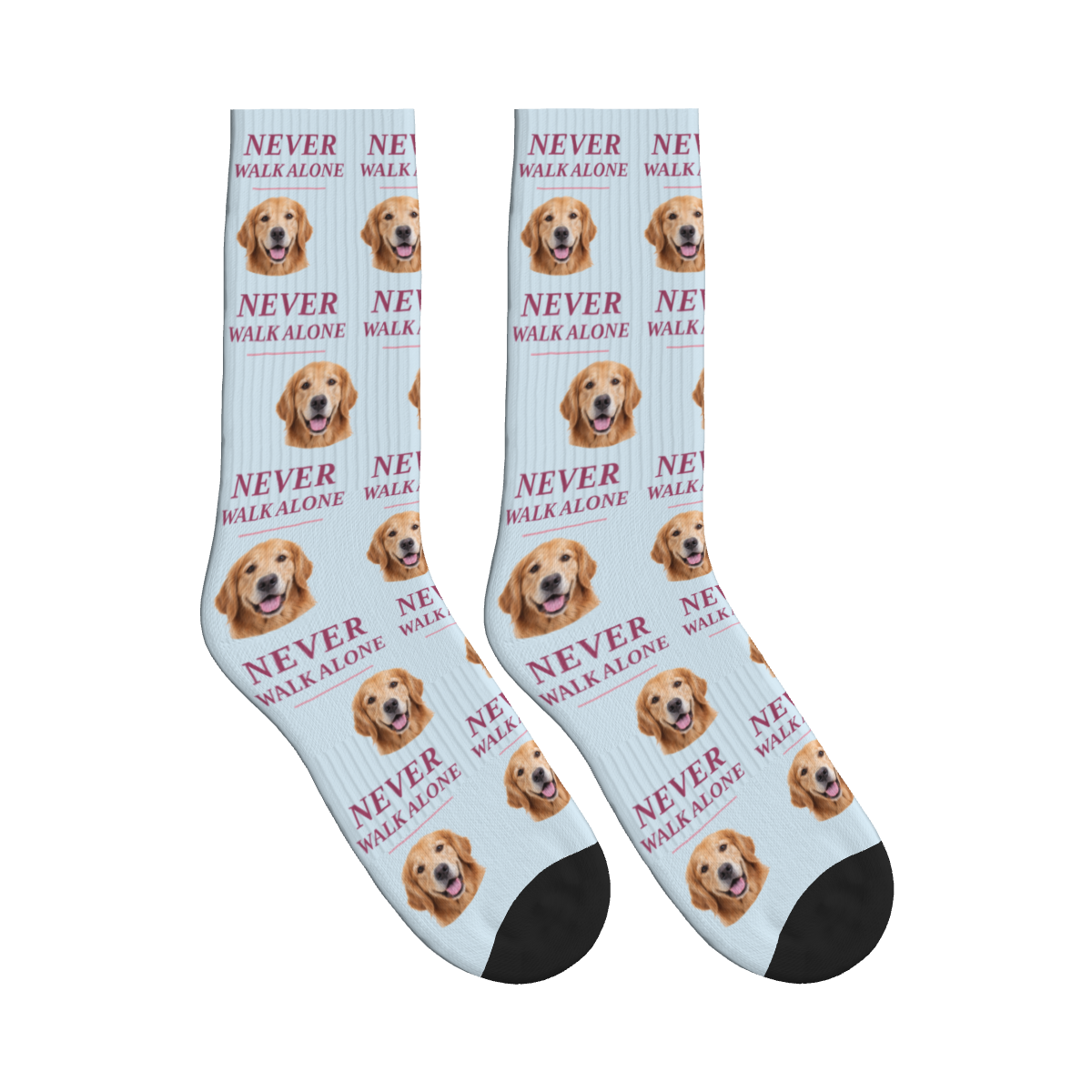Never Walk Alone Dog Face Socks in Powder Blue with a custom dog photo