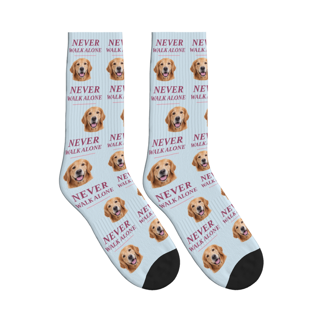 Never Walk Alone Dog Face Socks in Powder Blue with a custom dog photo