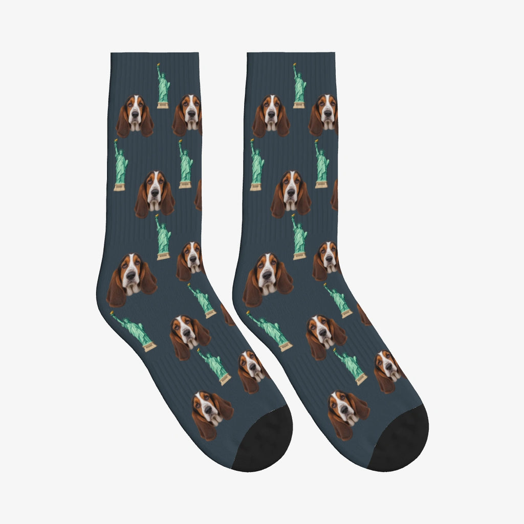 Statue of Liberty Dog Face Socks in Charcoal Gray with a custom dog photo