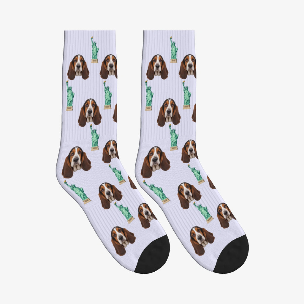 Statue of Liberty Dog Face Socks in Lavender with a custom dog photo