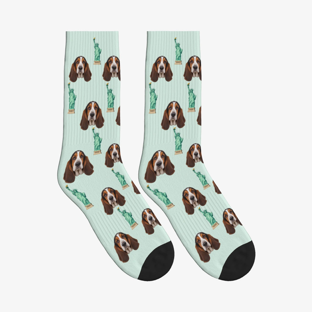 Statue of Liberty Dog Face Socks in Pale Mint with a custom dog photo
