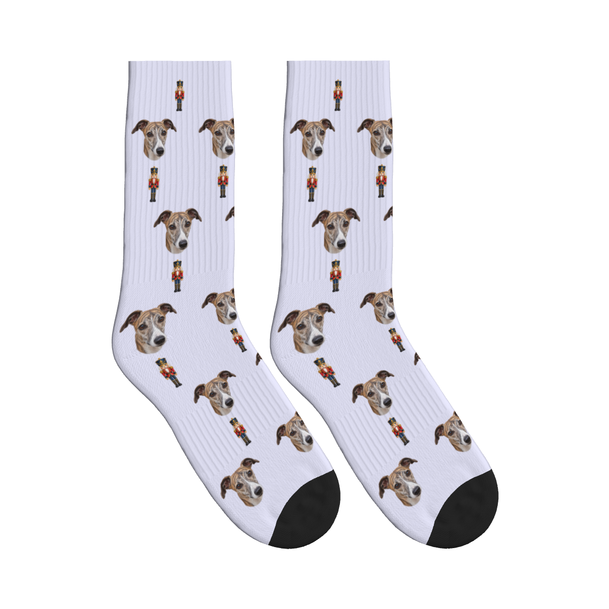 Nutcracker Soldier Dog Face Socks in Lavender with a custom dog photo