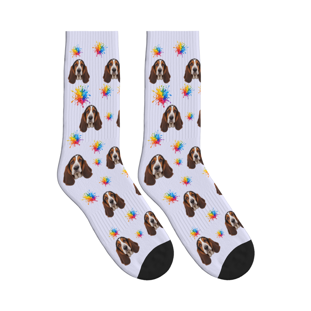 Paint Splatter Dog Face Socks in Lavender with a custom dog photo