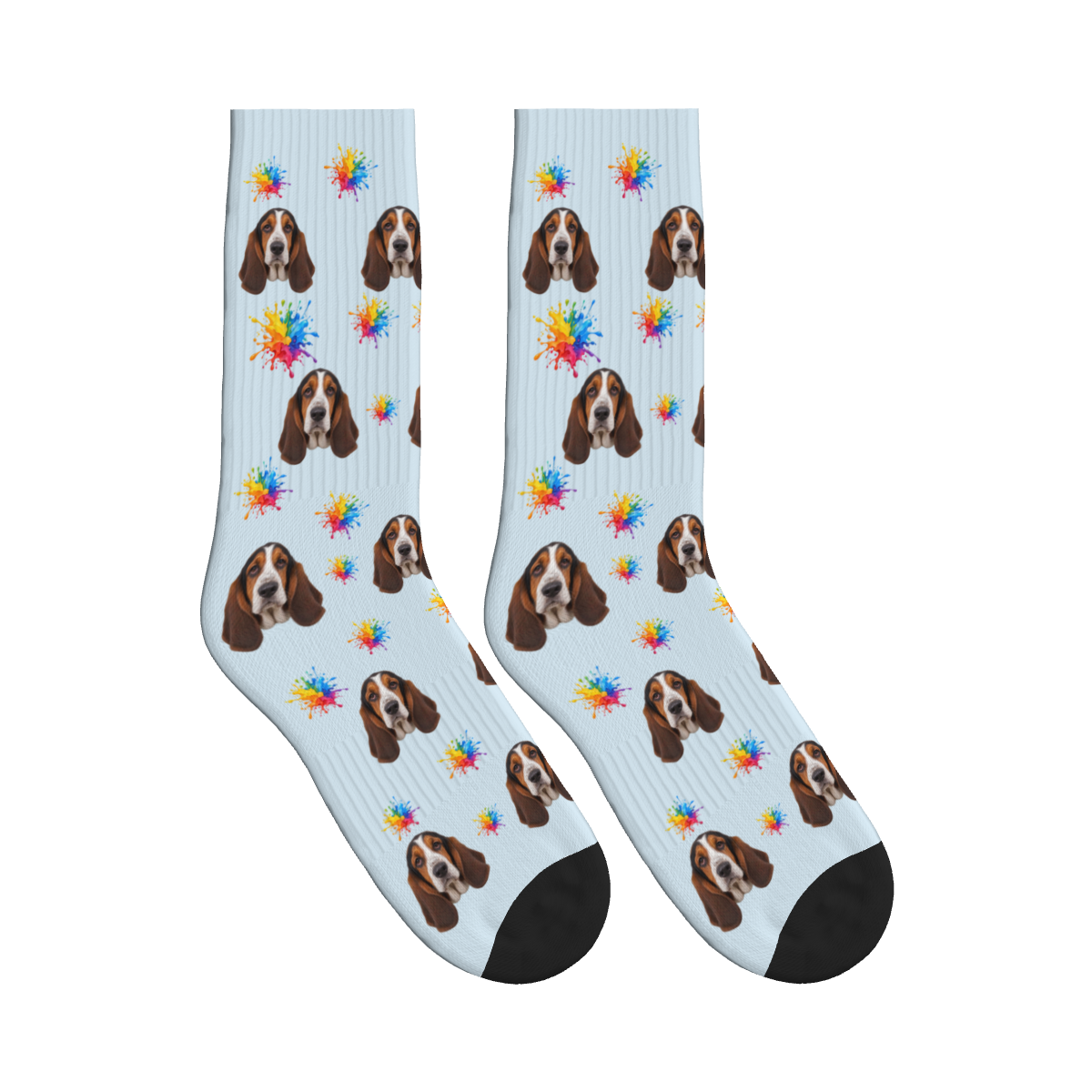 Paint Splatter Dog Face Socks in Powder Blue with a custom dog photo