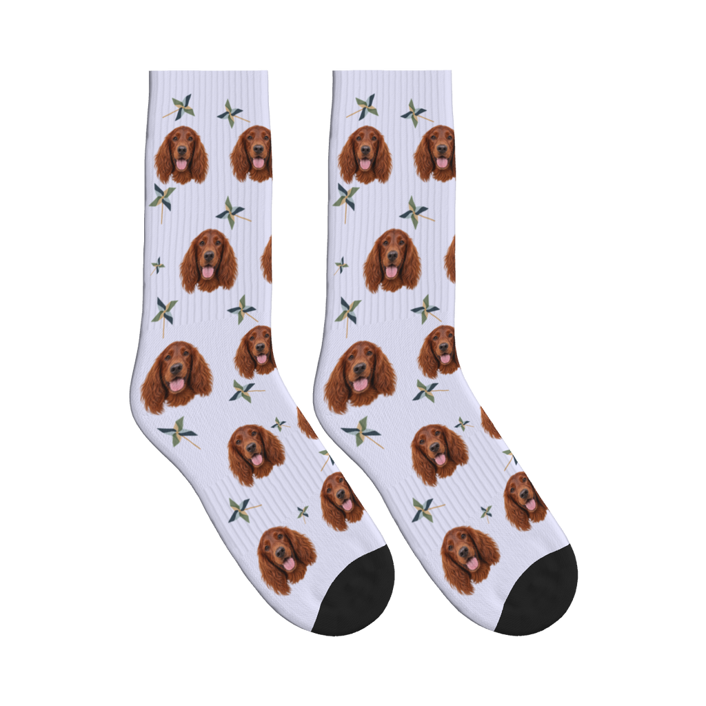 Paper Pinwheel Dog Face Socks in Lavender with a custom dog photo