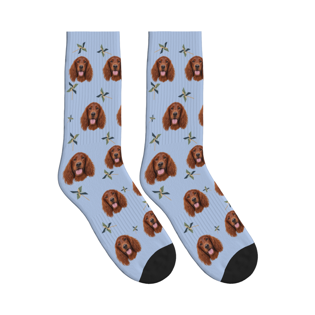 Paper Pinwheel Dog Face Socks in Periwinkle with a custom dog photo