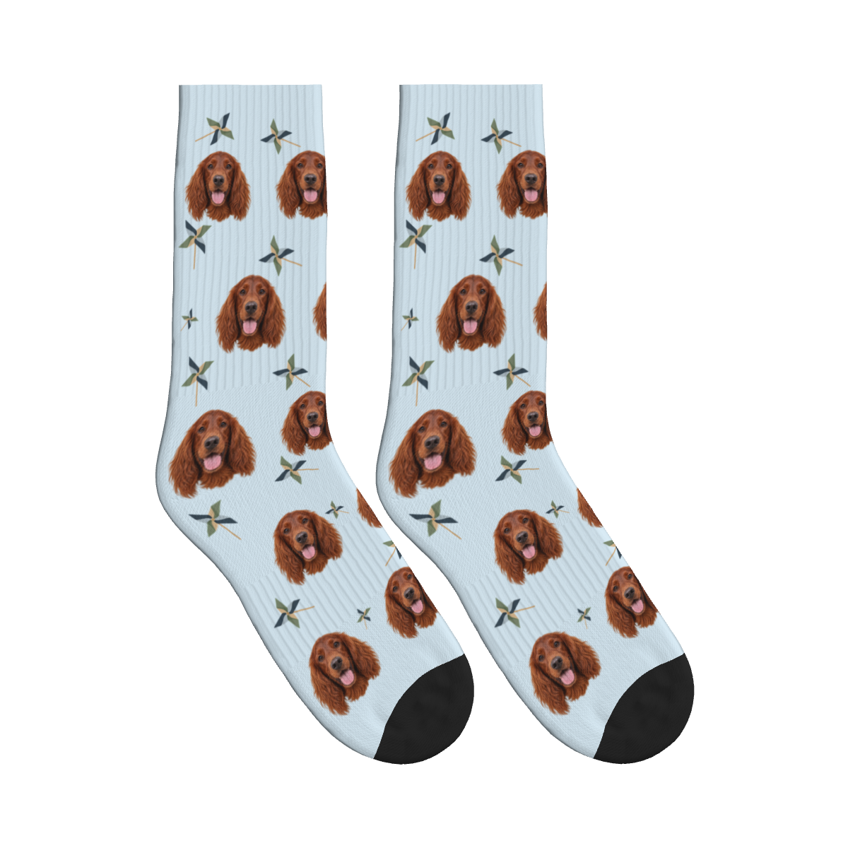 Paper Pinwheel Dog Face Socks in Powder Blue with a custom dog photo