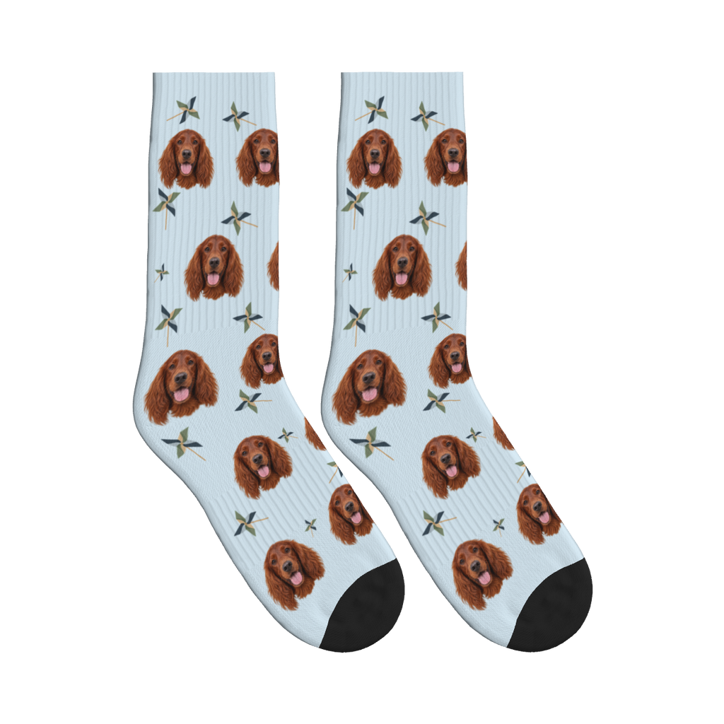 Paper Pinwheel Dog Face Socks in Powder Blue with a custom dog photo
