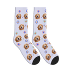 Peace Dog Face Socks in Lavender with a custom dog photo