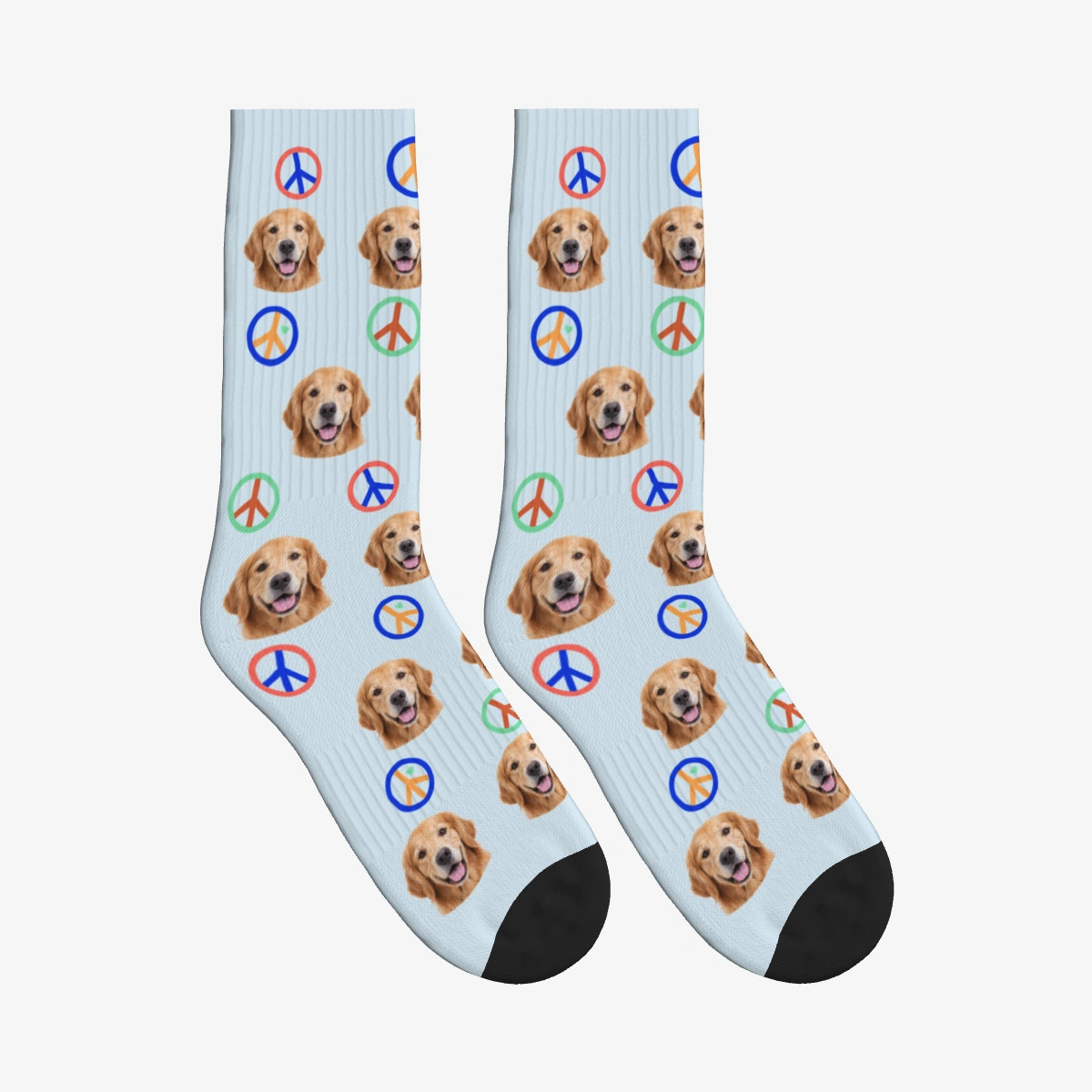 Peace Dog Face Socks in Powder Blue with a custom dog photo