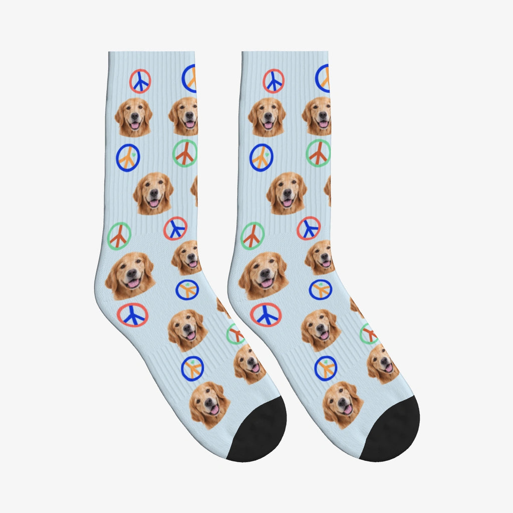 Peace Dog Face Socks in Powder Blue with a custom dog photo