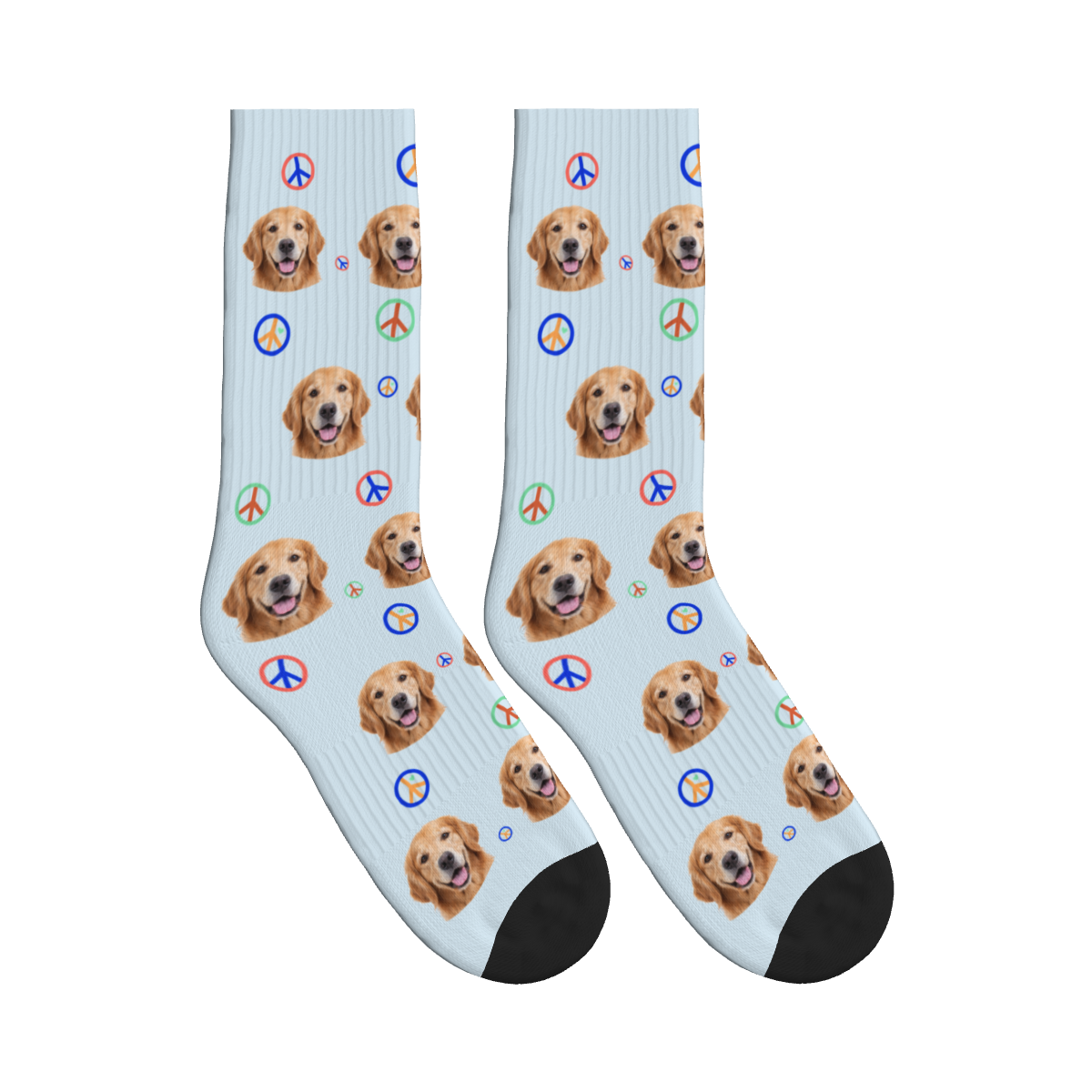 Peace Dog Face Socks in Powder Blue with a custom dog photo