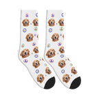 Peace Dog Face Socks in White with a custom dog photo