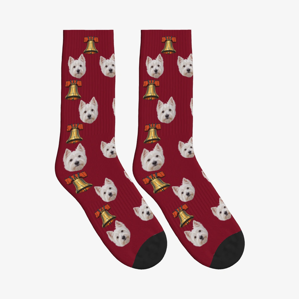 Liberty Bell Dog Face Socks in Burgundy with a custom dog photo