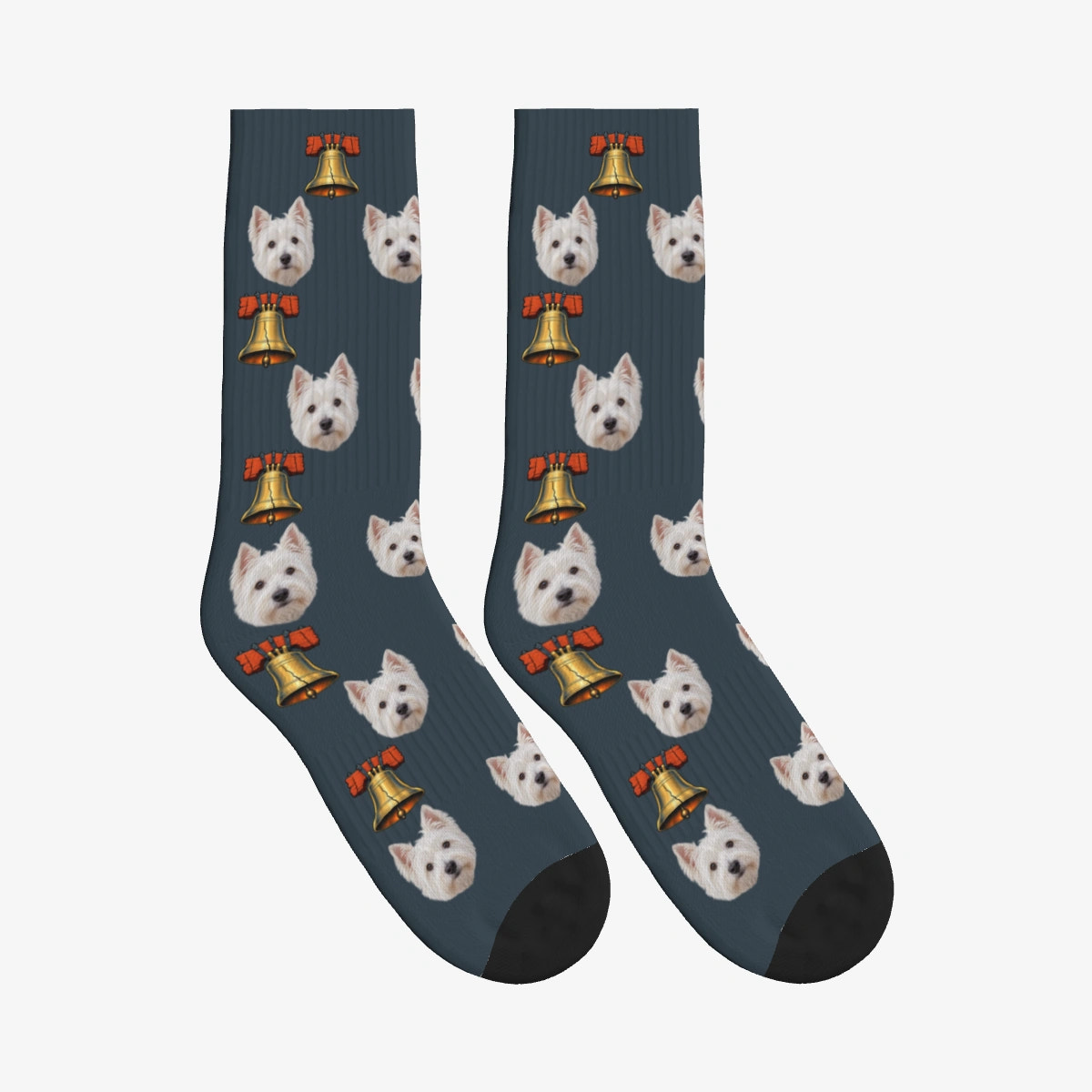 Liberty Bell Dog Face Socks in Charcoal Gray with a custom dog photo