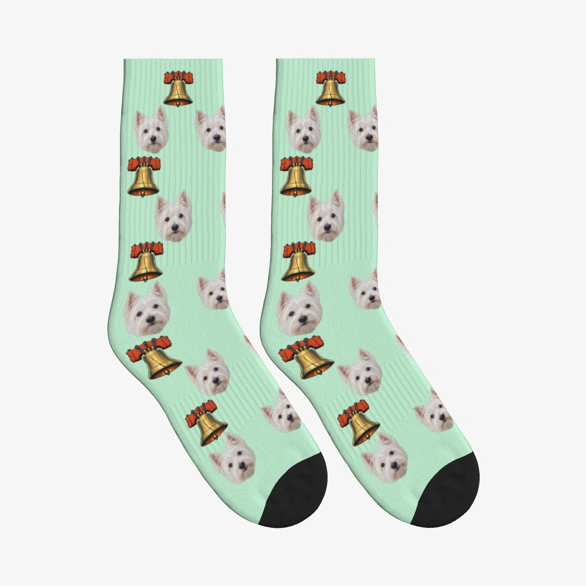 Liberty Bell Dog Face Socks in Mint Green with a custom dog photo