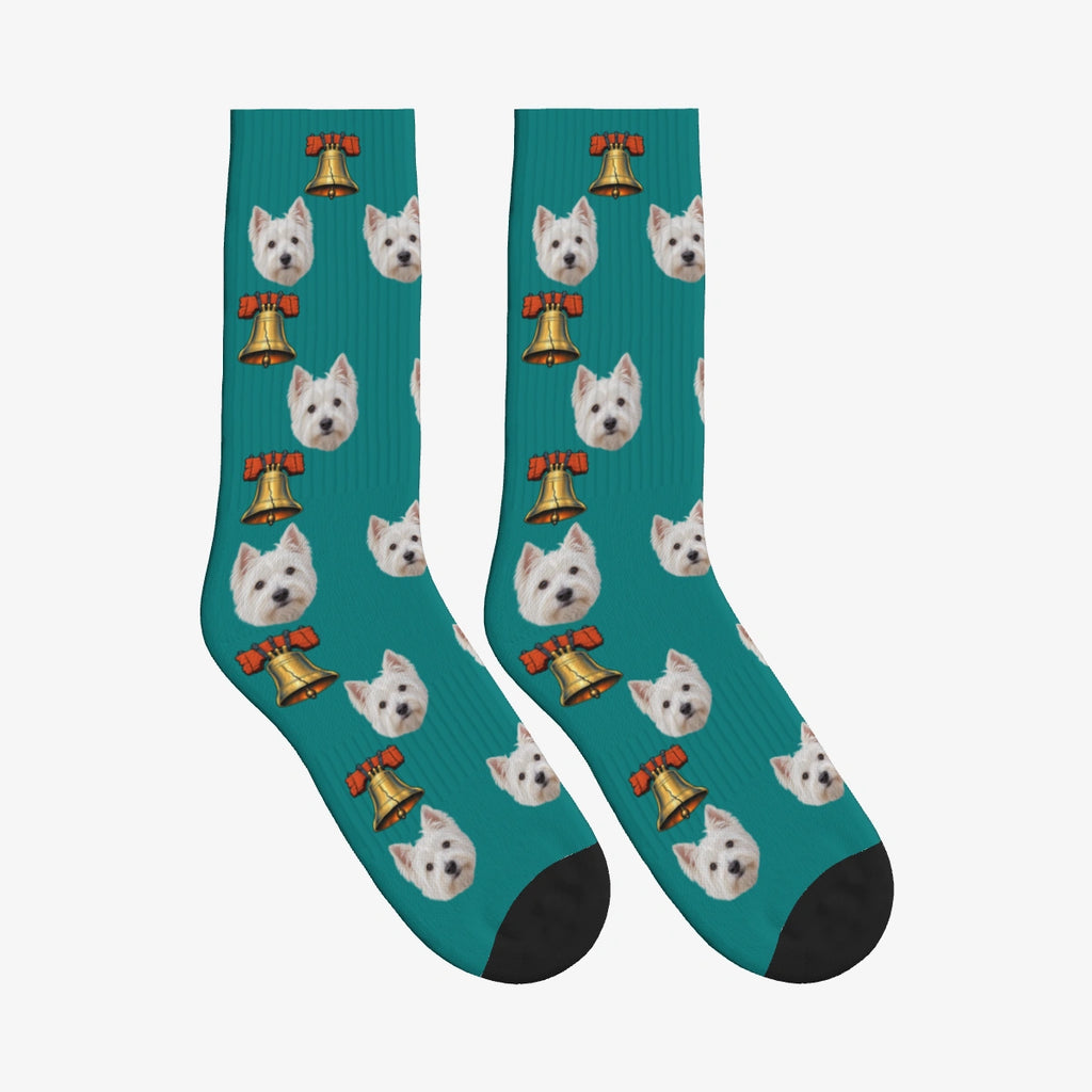 Liberty Bell Dog Face Socks in Teal with a custom dog photo