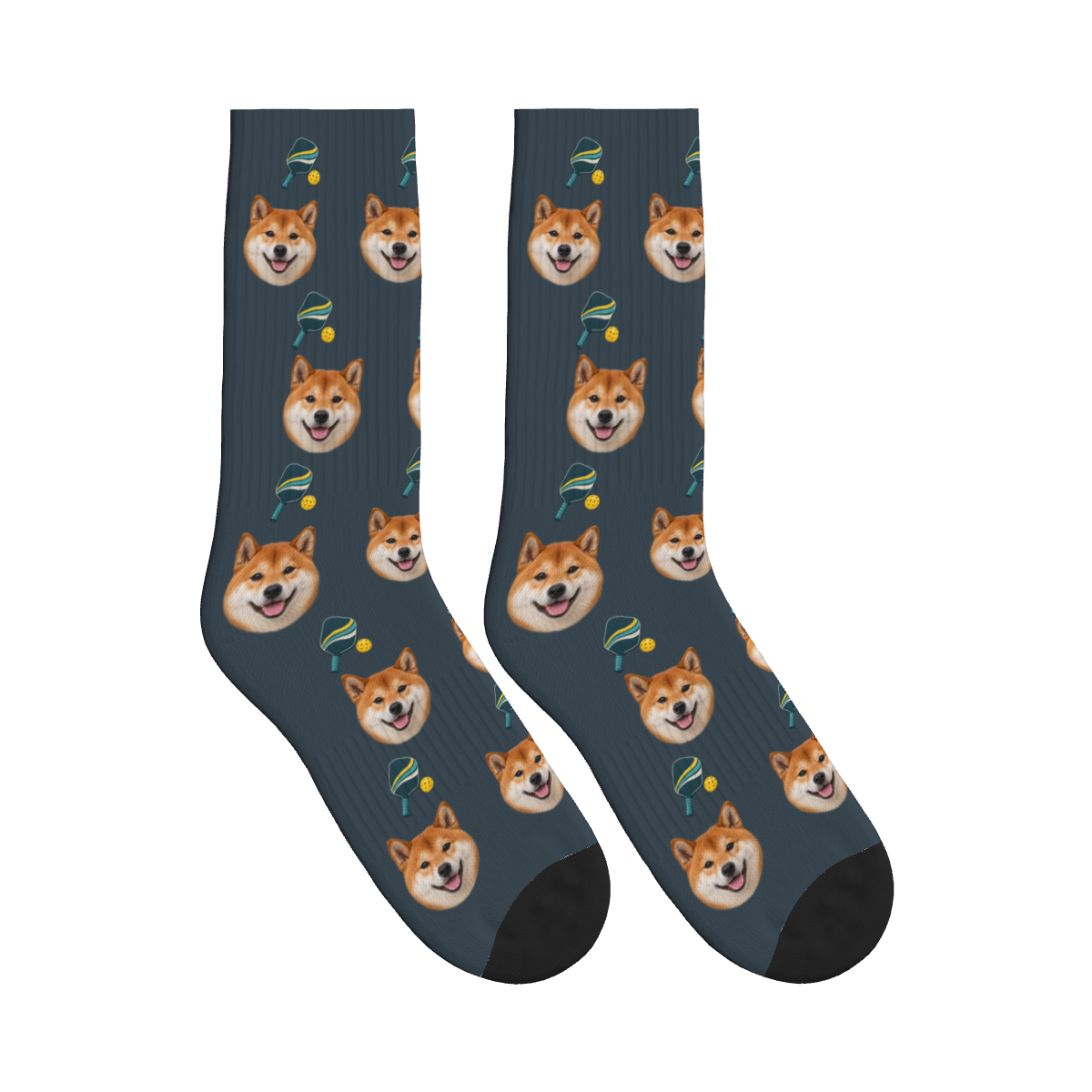 Pickleball Paddles Dog Face Socks in Charcoal Gray with a custom dog photo