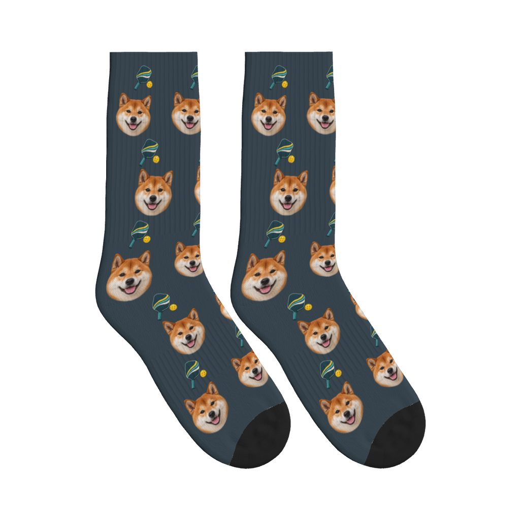 Pickleball Paddles Dog Face Socks in Charcoal Gray with a custom dog photo