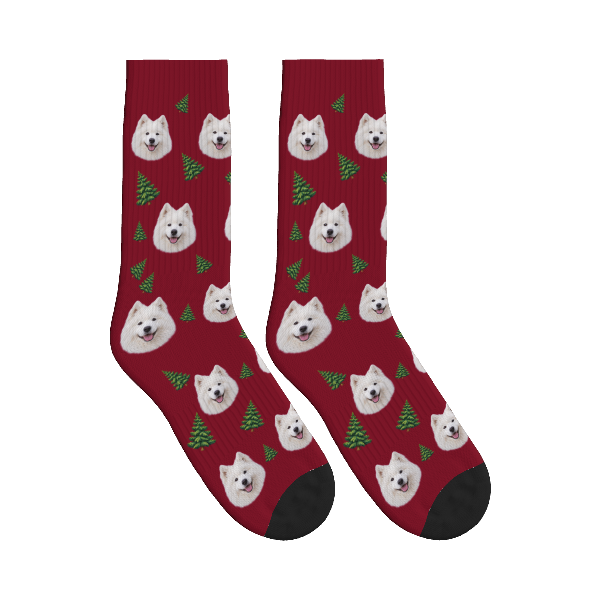Pine Tree Dog Face Socks in Burgundy with a custom dog photo