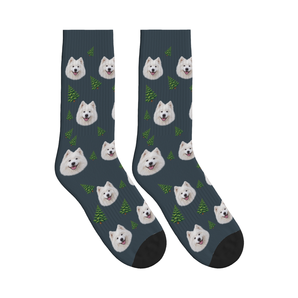 Pine Tree Dog Face Socks in Charcoal Gray with a custom dog photo