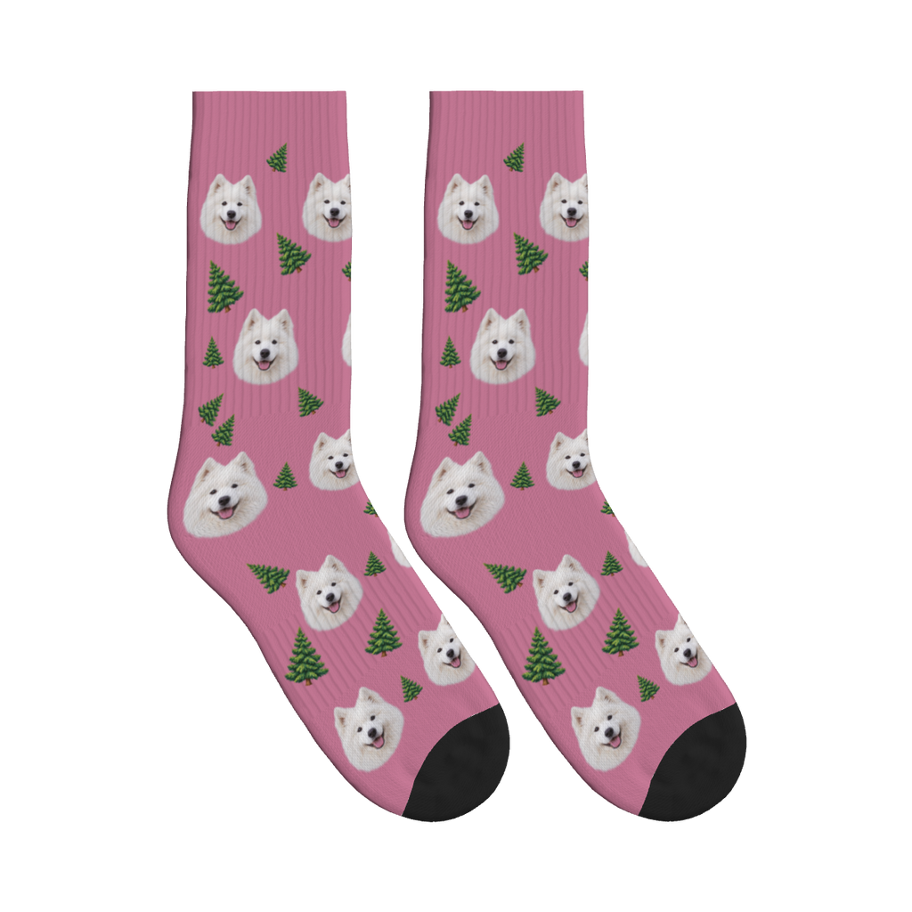 Pine Tree Dog Face Socks in Dusty Rose with a custom dog photo