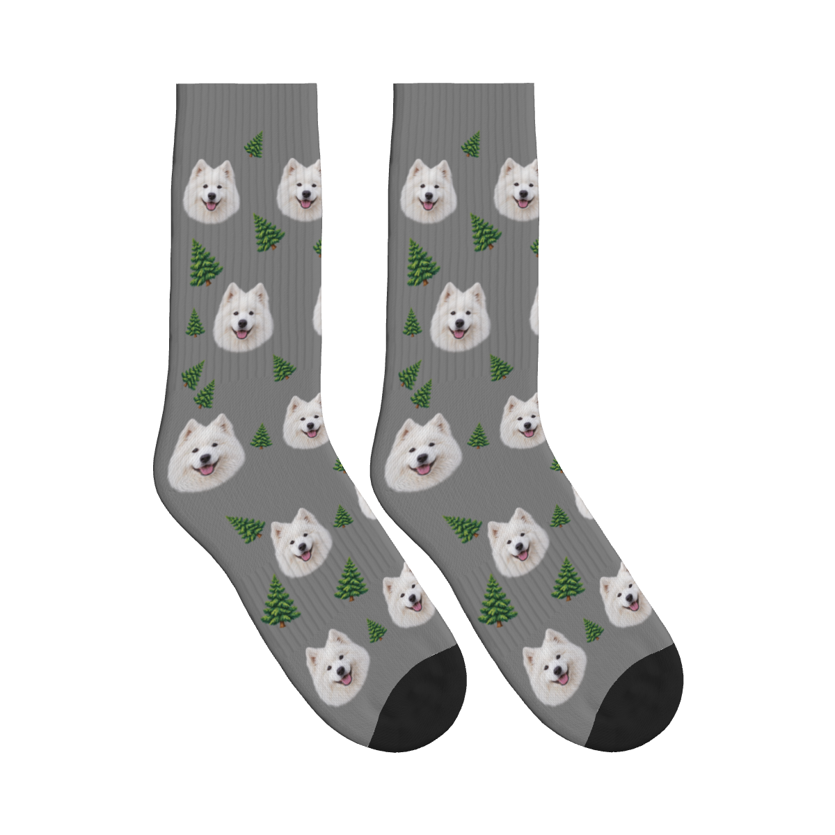 Pine Tree Dog Face Socks in Gray with a custom dog photo