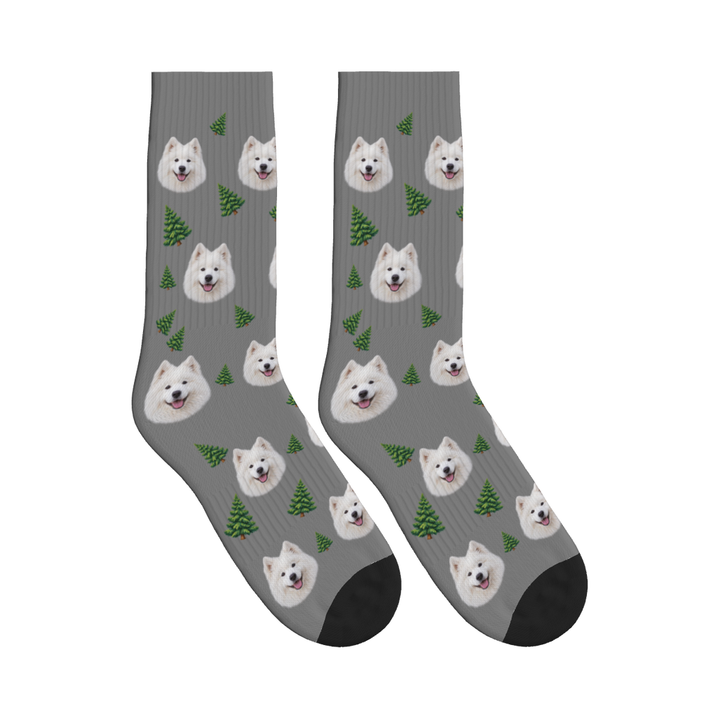 Pine Tree Dog Face Socks in Gray with a custom dog photo
