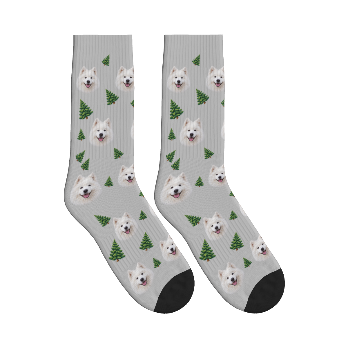 Pine Tree Dog Face Socks in Light Gray with a custom dog photo