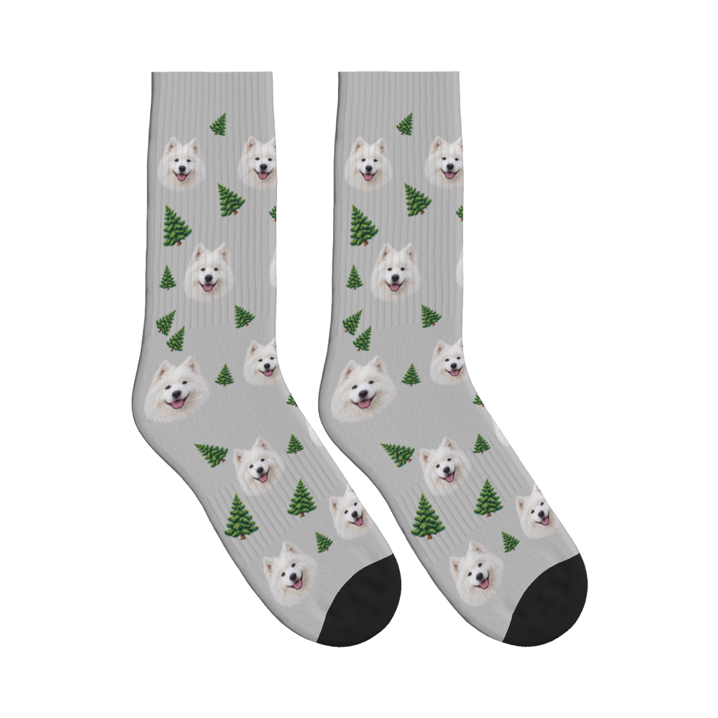 Pine Tree Dog Face Socks in Light Gray with a custom dog photo