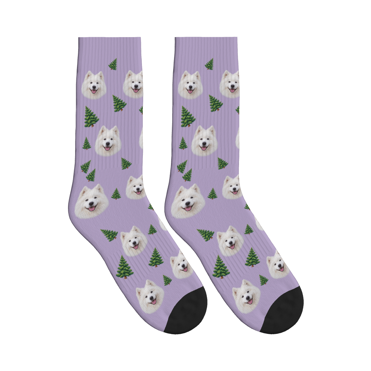 Pine Tree Dog Face Socks in Muted Lilac with a custom dog photo