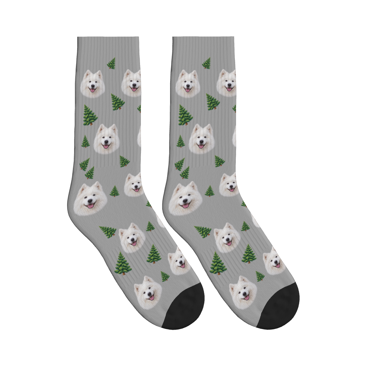 Pine Tree Dog Face Socks in Silver Gray with a custom dog photo