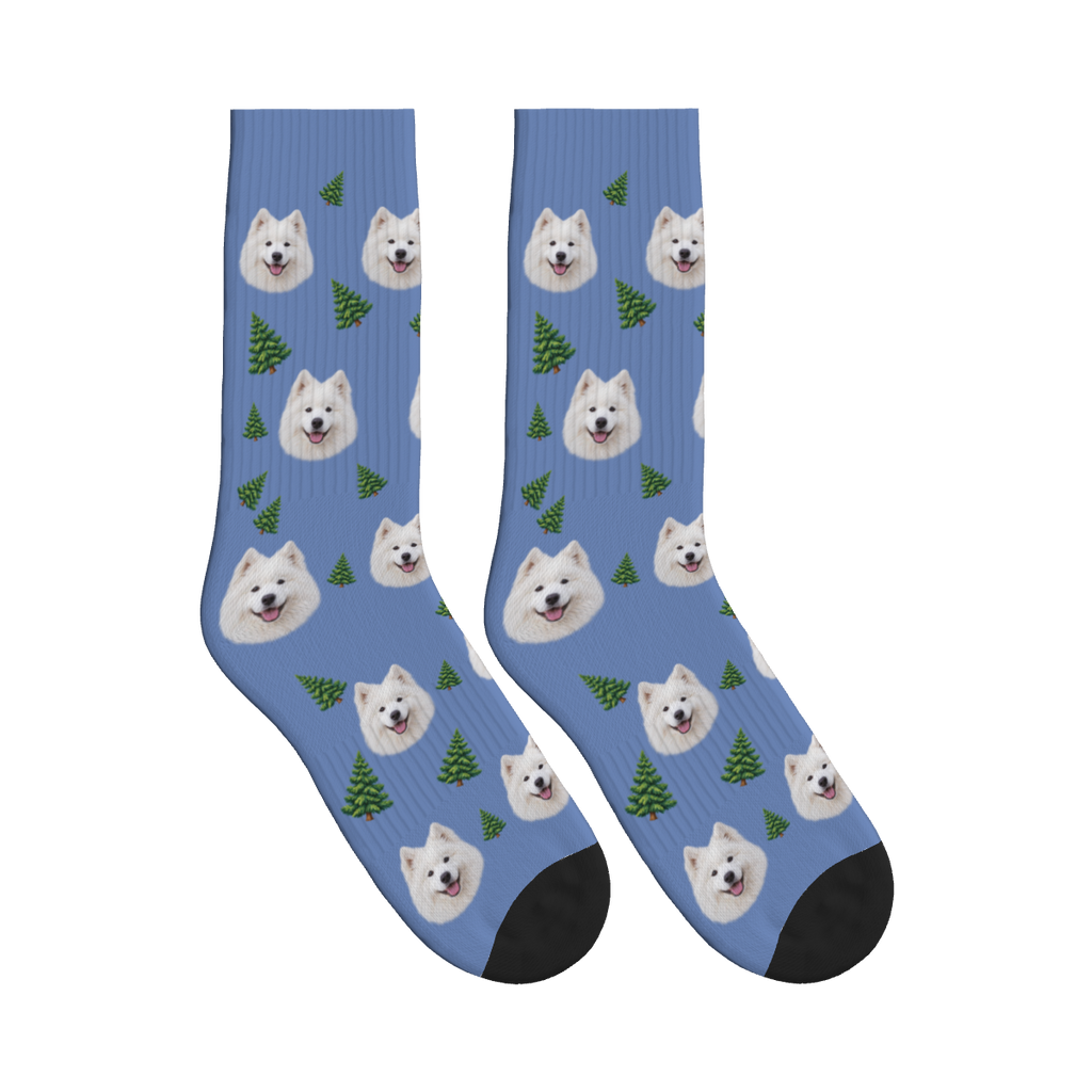 Pine Tree Dog Face Socks in Slate Blue with a custom dog photo
