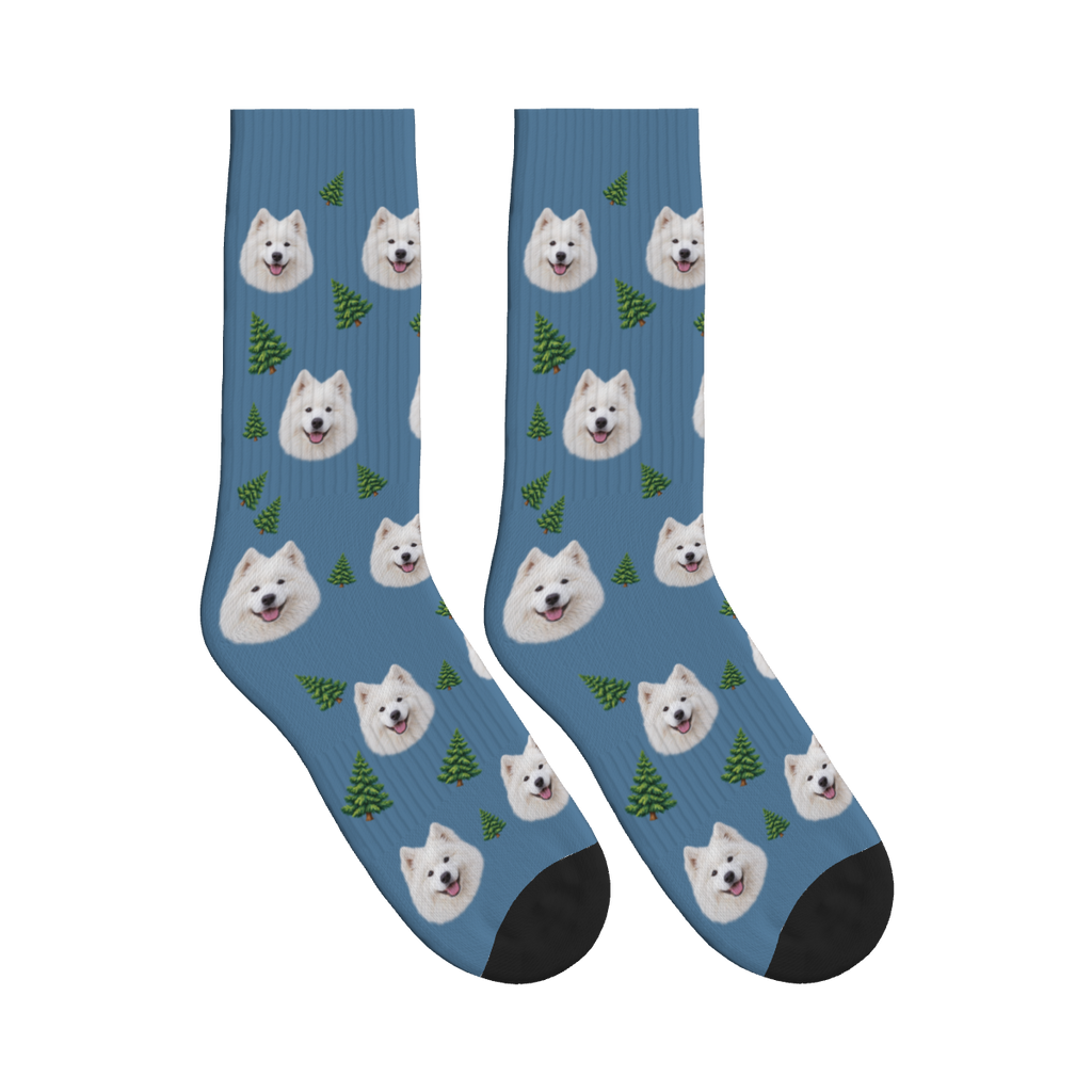 Pine Tree Dog Face Socks in Steel Blue with a custom dog photo